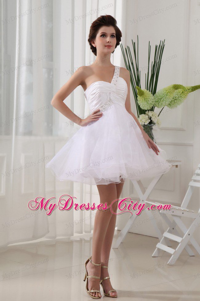 Organza Beaded One Shoulder Ruching For White Short Prom Dress